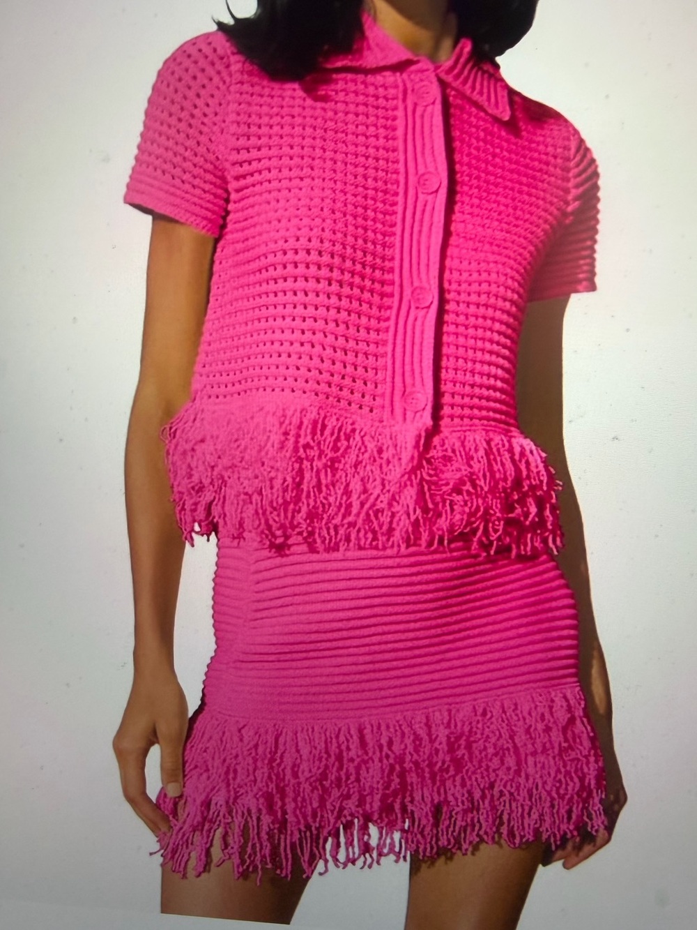 Hot Pink Fringe Knit Two Piece Set - NWT Size M